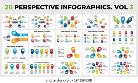Paquete de infografías de la perspectiva del vector 3D - Vol One. 20 plantilla de diapositiva de presentación. Columnas de círculo con sombras.