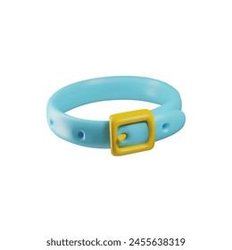 3D vector pet store accessory. Vector illustration of a blue collar in cyan color with a yellow buckle for cats or dogs. Cartoon pet accessory on isolated white background.