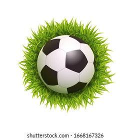 3d Vector Photo Realistic Soccer Ball On Green Grass Illustration Isolated On White Background. Top View. Flyer, Invitation, Logo Or Icon Template