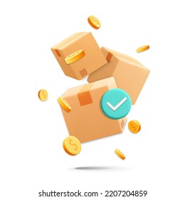 3d vector pile flying sealed parcel with gold dollar coins realistic render design banner. Cardboard boxes with ok, right check mark isolated on white background. Packing and transportation, delivery.