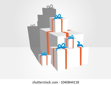 3d vector pile of presents, bunch og gifts with shadow on light grey background