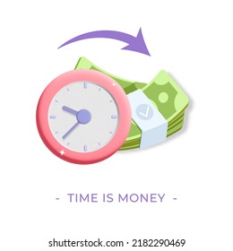 3d Vector pink alarm clock with bunch of green dollar banknote icon illustration. Text Time is money. Long financial investment, future income, money profit and benefit, annual revenue concept design.