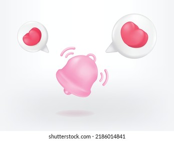 3D vector pink bell alert symbol social media notification icon isolated. Love notification with heart symbol.