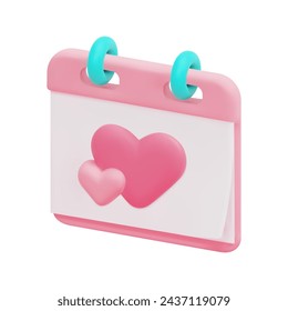 3d vector pink calendar with heart icon. Holiday of all lovers. 3d notes reminder, february 14 and valentine day concept. Isolated on white background. 3d calendar icon vector render illustration.