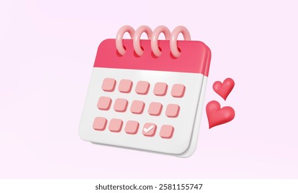 3D vector Pink calendar icon symbol valentine's day concept. Fly red heart event schedule planner design on isolated on pastel background. correct list agenda mark date website 3d render illustration.