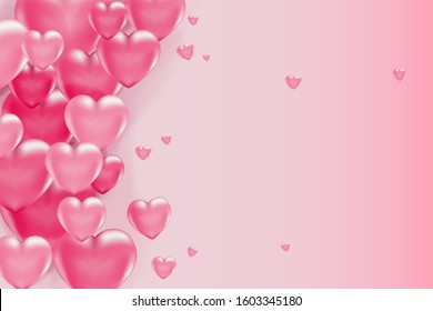 3d vector pink hearts on light background. Copy space for banner or card