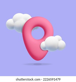 3d vector pink location pin icon with cartoon render plastic fluffy cloud isolated on white background design illustration. Travel, adventure, trip, GPS navigator pointer, map needle symbol concept.