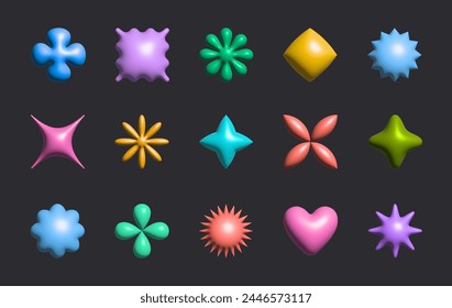 3d vector plastic shapes in 90s style.Abstract cute icons or symbols in y2k aesthetic.Cartoon design elements for banners,social media marketing,branding,packaging,covers