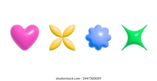 3d vector plastic shapes in 90s style.Abstract cute icons or symbols in y2k aesthetic.Cartoon design elements for banners,social media marketing,branding,packaging,covers