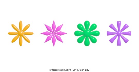 3d vector plastic shapes in 90s style.Abstract cute icons or symbols in y2k aesthetic.Cartoon flowers and sparkles for banners,social media marketing,branding,packaging,covers