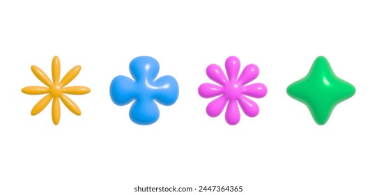 3d vector plastic shapes in 90s style.Abstract cute icons or symbols in y2k aesthetic.Cartoon flowers and sparkles for banners,social media marketing,branding,packaging,covers