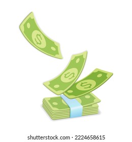 3d vector  plastic style flying green dollar banknote to the thick bunch or stack of money. Cartoon render of Green paper bill twisted, bend stack. Business, finance, investment  object for banner