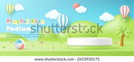 3D vector playful kid product display cylinder stand podium banner with hot air balloons and green hills background for baby store, children toy, fashion discount promotion sale, and social media post