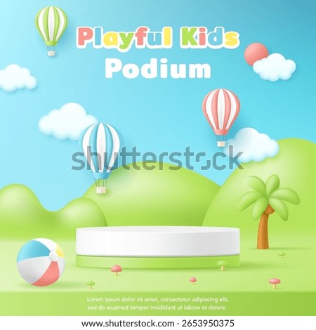 3D vector playful kid product display cylinder stand podium banner with hot air balloons and green hills background for baby store, children toy, fashion discount promotion sale, and social media post