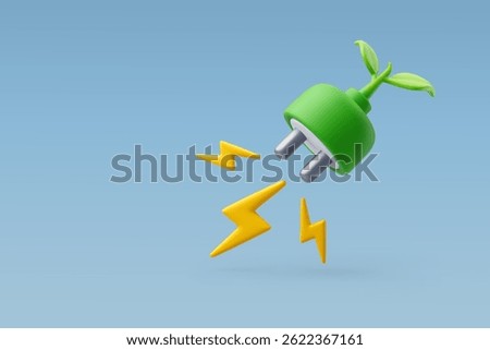 3d Vector Plug attached with green leaf, Green Energy, Clean Energy, Environmental Alternative Energy Concept. Eps 10 Vector.