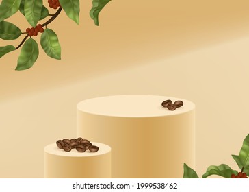 3d vector podium for bevarage product with coffee bean and coffee leaves and seeds. Minimal 3d stand for food and beverage product