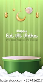 3D vector podium featuring hanging sheep, lanterns, and a crescent moon, designed to represent Eid al-Adha. Perfect for Islamic celebration days or promotions for animal sacrifice sales.