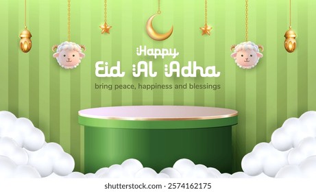 3D vector podium featuring hanging sheep, lanterns, and a crescent moon, designed to represent Eid al-Adha. Perfect for Islamic celebration days or promotions for animal sacrifice sales.