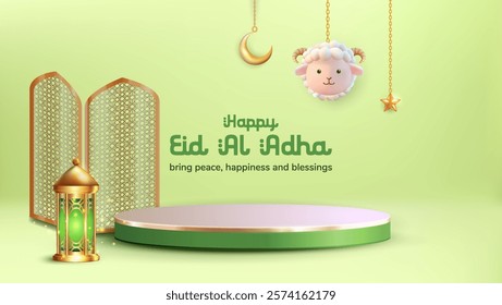 3D vector podium featuring hanging sheep, lanterns, and a crescent moon, designed to represent Eid al-Adha. Perfect for Islamic celebration days or promotions for animal sacrifice sales.