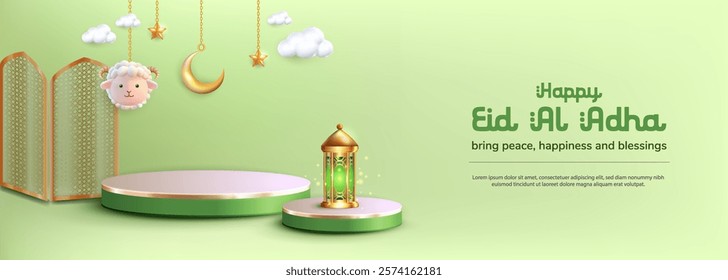 3D vector podium featuring hanging sheep, lanterns, and a crescent moon, designed to represent Eid al-Adha. Perfect for Islamic celebration days or promotions for animal sacrifice sales.