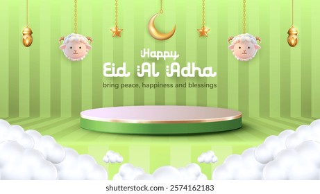 3D vector podium featuring hanging sheep, lanterns, and a crescent moon, designed to represent Eid al-Adha. Perfect for Islamic celebration days or promotions for animal sacrifice sales.