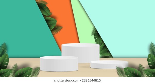 3d vector podium with leaves and colorfull background for mockup display