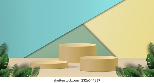 3d vector podium with leaves and colorfull background for mockup display