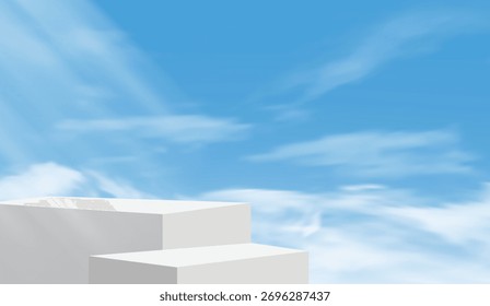 Maqueta de podio de Vector 3D con cielo brillante y fondo de nubes. Perfecto para presentaciones de productos, marcas cosméticas o escenas de escaparates. Iluminación limpia, moderna y realista para imágenes elegantes.