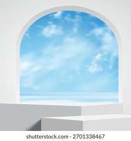 3D vector podium mockup with bright sky clouds background and water reflection. Perfect scenes for product presentation, cosmetic branding or showcase. Natural panorama of sea waves against blue sky