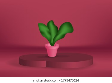 3d vector podium and pot leaf realistic vector template, clean pink closup mockup beauty flower sign , decoration interior podiun background
