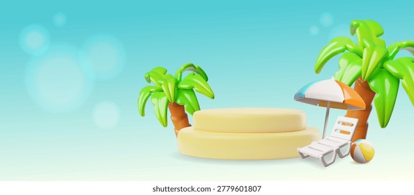3D vector podium stands, round pedestals with palm trees, beach bed and umbrella. Volumetric scene mockup for product stage showcase, platform for presentation. Tropical island beach background