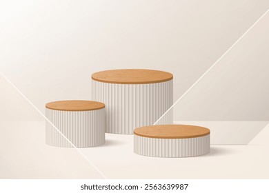 3D vector podium top with wood,  studio product and cosmetic displays with light and shadow setting, 3d abstract background, modern and minimal art