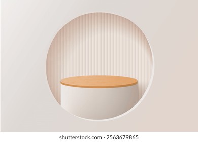 3D vector podium top with wood,  studio product and cosmetic displays with light and shadow setting, 3d abstract background, modern and minimal art