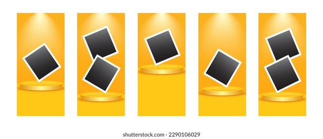 3d podios vectoriales. Plataformas de productos de círculo realistas sobre fondo naranja. Diseño de conjunto de banners premium mínimo. Carteles de historias íntimas con marcos de fotos vintage. Fases del ganador de representación vertical. Burla