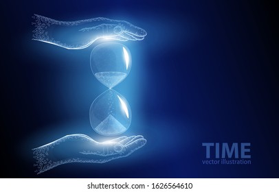 3d vector polygonal illustration of the hourglass concept in hands, on a dark blue background, a symbol of time, timer, deadline, and countdown.