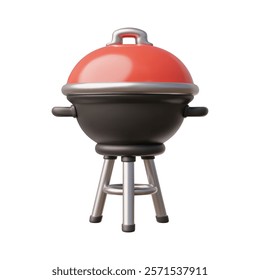 3D vector of portable barbecue device - grill on legs with handles and closed red lid. Cooking meat on fire. Cooking equipment. Cartoon style illustration. Isolated background. Rendering.