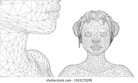 3d vector portrait of a beautiful young girl with hairstyle, set of angles on a white background