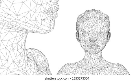 3d vector portrait of a beautiful young girl with hairstyle, set of angles on a white background
