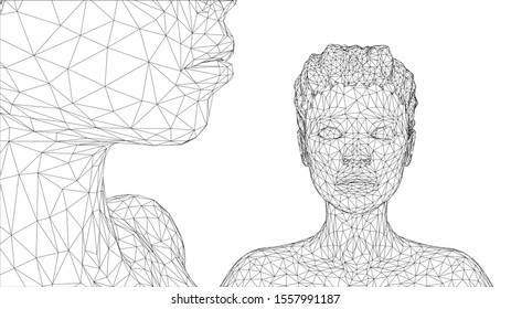 3d vector portrait of a beautiful young girl with hairstyle, set of angles on a white background
