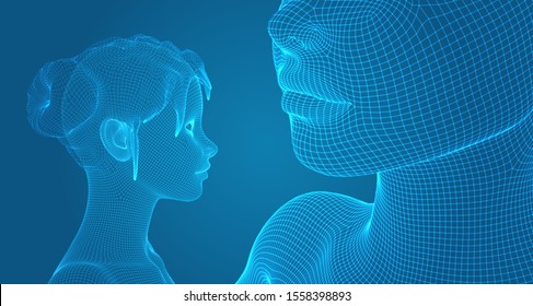 3d vector portrait of a beautiful young girl with hairstyle, set of angles on a blue background