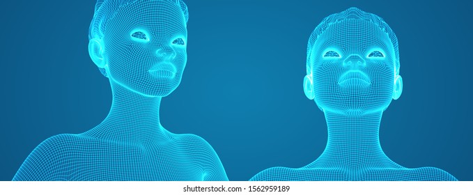 3d vector portrait of a beautiful young girl with hairstyle, set of angles on a blue background