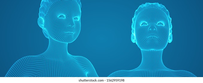 3d vector portrait of a beautiful young girl with hairstyle, set of angles on a blue background