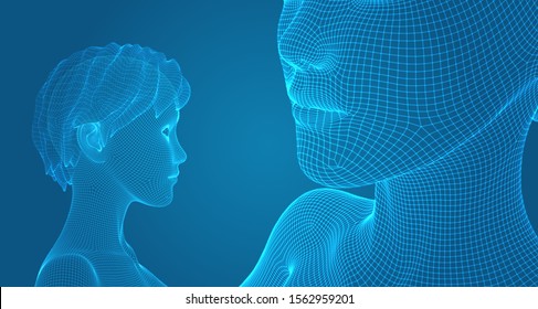 3d vector portrait of a beautiful young girl with hairstyle, set of angles on a blue background