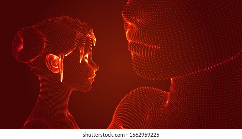 3d vector portrait of a beautiful young girl with a haircut, set of angles on a red background