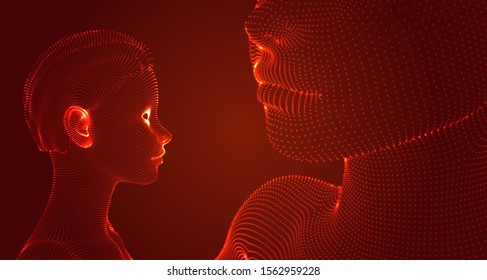 3d vector portrait of a beautiful young girl with a haircut, set of angles on a red background