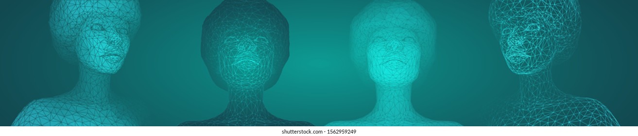 3d vector portrait of a beautiful young girl with hairstyle, set of angles on a green background