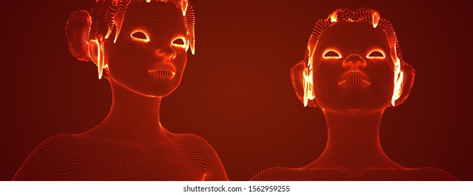 3d vector portrait of a beautiful young girl with hairstyle, set of angles on a red background