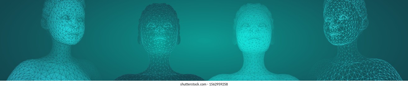 3d vector portrait of a beautiful young girl with hairstyle, set of angles on a green background