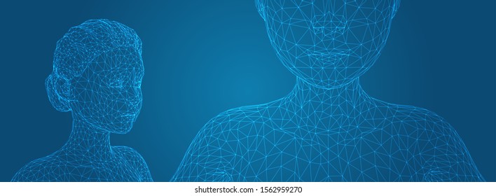 3d vector portrait of a beautiful young girl with hairstyle, set of angles on a blue background