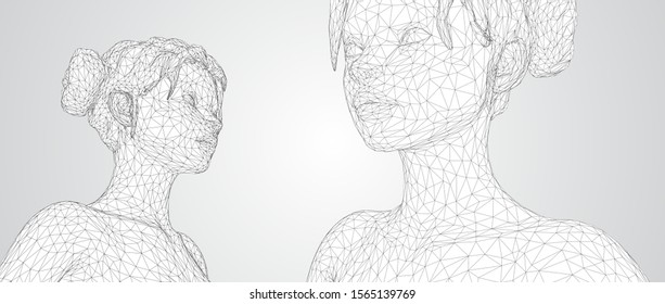 3d vector portrait of a beautiful young girl with hairstyle, set of angles on a white background
